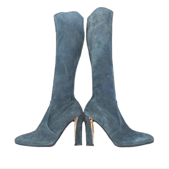 Stuart Weitzman Gray Suede Gold Tone Heeled Boots - Picture 4 of 17